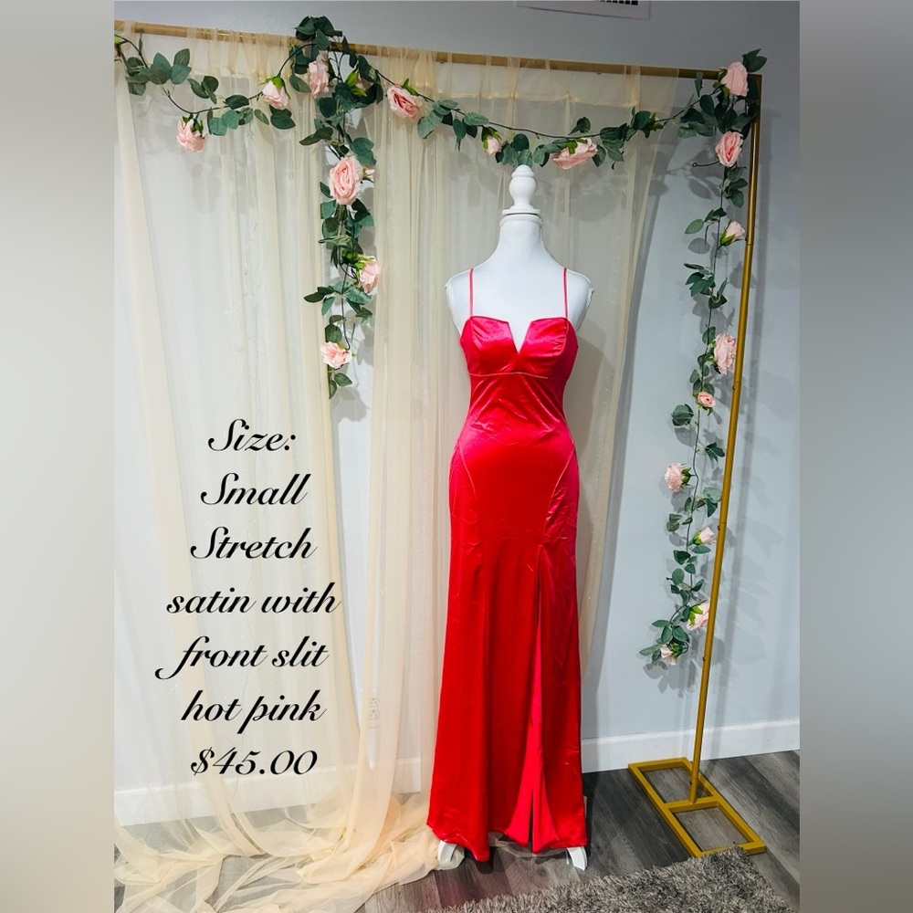 Elegant Hot Pink Satin Prom Dress with Front Slit
